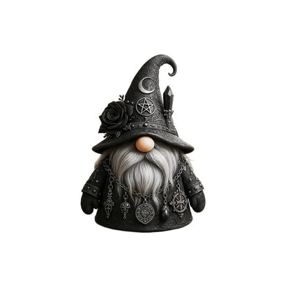 Resin Figurine Gothic Elf Dwarf Statue – Vintage Fantasy Desktop Ornament with Crescent Pentagram Black Rose Gray Beard – Mysterious Collectible Sculpture for Home Office Shelf Decor Gift