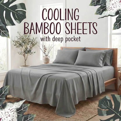 Bamboo Fiber Bed Sheet Set 4-Piece – Cooling Sheets, Hypoallergenic, Deep Pocket Fitted Sheet, Wrinkle-Free Bedding for All Seasons, Twin Full Queen King