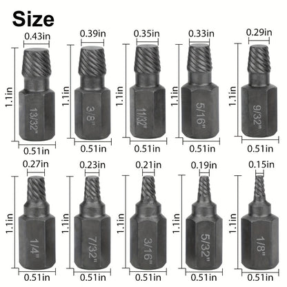 Screw Extractor Set 10pcs, 1/8" to 13/32" Broken Bolt Extractor Kit, Left-Handed Alloy Steel Nut & Stud Remover Tool for Stripped Screws, Bolts, Threaded Pipes & Fittings