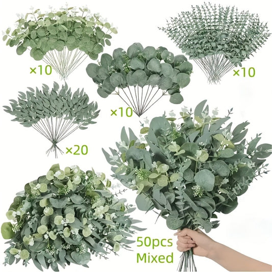Artificial Eucalyptus Stems Bulk 50 56pcs Fake Flowers with 4 Leaf Varieties Lifelike Green Foliage Bouquet White Flowers for Wedding DIY Home Office Spring Valentine's Day St Patrick's Day Decor