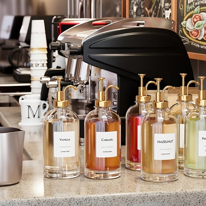 Glass Coffee Syrup Dispenser Set 4-Piece – 16.9oz Pump Bottles with Labels for Coffee Bar, Kitchen Syrup Organizer, Food-Safe Dispenser for Sauces, Oils & Flavored Syrups – Gold, Silver, Black