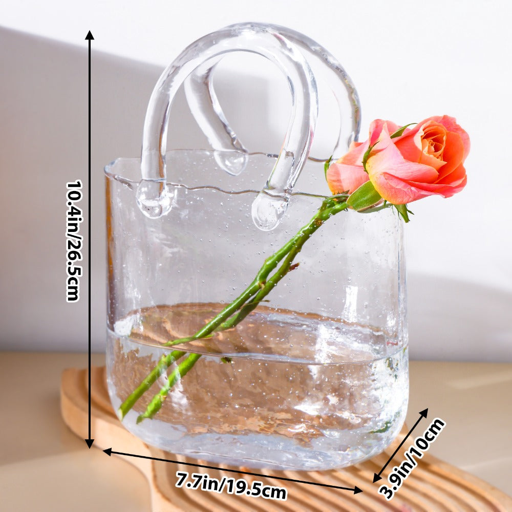 Glass Purse Vase for Flowers – Handbag Shape Clear Decorative Flower Vase, Home Table Decor, Gift