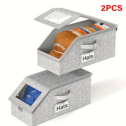 Baseball Cap Storage Box 2 Pack – Foldable Stackable Zippered Hat Organizer, Large Capacity Dustproof Closet Storage for Caps, Hats & Clothes, Durable Fabric