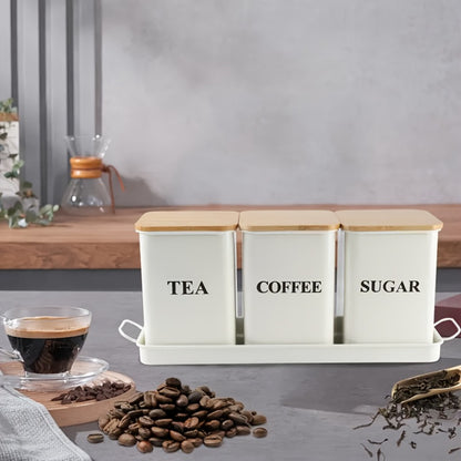 3-Piece Metal Kitchen Canister Set with Wooden Lids – Coffee Tea Sugar Storage Jars, Airtight Kitchen Organizer Tins, Black or White Home Decor Gift Set