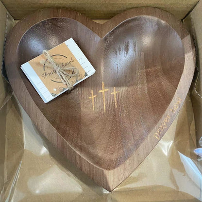 Wooden Prayer Bowl with 24 Prayer Cards – Hand-Carved Heart Shaped Cross Engraved Vintage Religious Gift Set for Easter, Christmas, Thanksgiving, Home Altar & Prayer Room Tabletop Decor
