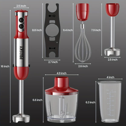 Immersion Blender 5-in-1 Handheld Mixer | Heavy Duty Motor | Whisk Meat Chopper Measuring Cup Attachments | Stick Blender for Soups Smoothies Sauces | Kitchen Hand Blender Red Black