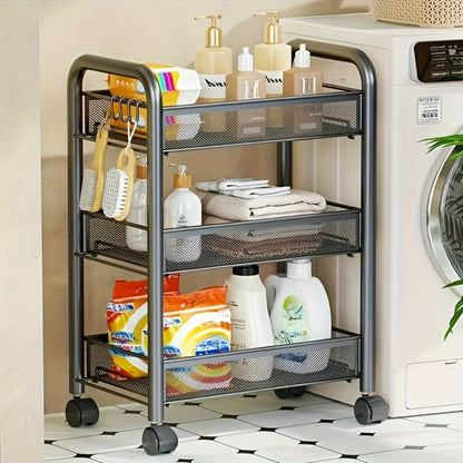 Rolling Storage Cart on Wheels – 3/4/5 Tier Carbon Steel Wire Basket Trolley, Black Metal Utility Cart for Kitchen, Bathroom, Bedroom, Office & Living Room, Space-Saving Detachable Shelving Unit