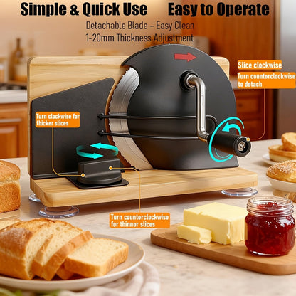 Bread Slicer Manual Adjustable Thickness Uniform Slices Hand Crank Serrated Blade Suction Base Measurement Markings for Sourdough Artisan Homemade Bread Loaf