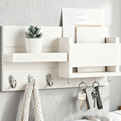 Wall Mounted Storage Rack with Mail Slot – Rustic Wood Floating Shelf with Hooks for Keys, Hats & Envelopes, Decorative Organizer for Entryway, Porch, Bedroom, Bathroom & Living Room