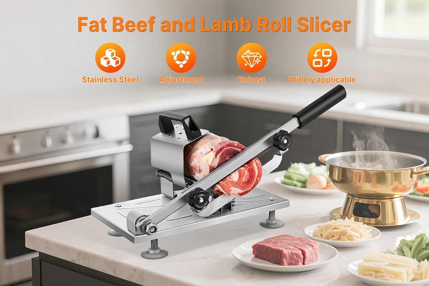 Manual Meat Slicer – Stainless Steel Food Slicer with Adjustable Thickness, Sharp 430 Steel Blade for Slicing Frozen Meat, Vegetables & Fruits, Durable, Easy to Clean, Home Kitchen Cutter