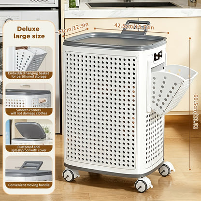 Wheeled Laundry Hamper Large Foldable with Dividers & Dust-Proof Lid – 360° Breathable Mesh Basket on Wheels, Reinforced Steel Base, Portable Clothes Organizer for Bedroom, Bathroom & Dorm