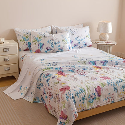 Floral Bedding Set 4-Piece – 1 Fitted Sheet + 1 Flat Sheet + 2 Pillowcases | Soft Breathable Polyester | All-Season Flower Print Bed Sheet Set | Machine Washable | Twin Full Queen King