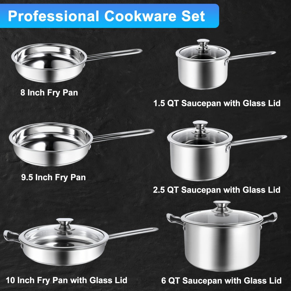 Stainless Steel Cookware Set 10 Piece – Pots and Pans Set with Lids, Induction Compatible, Dishwasher Safe Kitchen Cooking Set for All Stovetops
