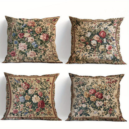 Vintage Floral Pillow Covers Set of 4 Soft Cozy Cushion Cases with Zipper 18x18in Single-Sided Print for Living Room Bedroom Porch Patio Car Office Home Decor Gift