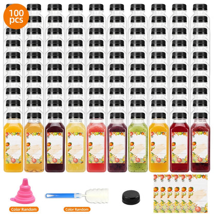 Plastic Juice Bottles with Lids - Clear Reusable Drink Containers for Juice Smoothies Water and Beverages, Available in 12oz and 16oz in Sets of 20, 36, 56 or 100, Includes Funnel and Cleaning Brush