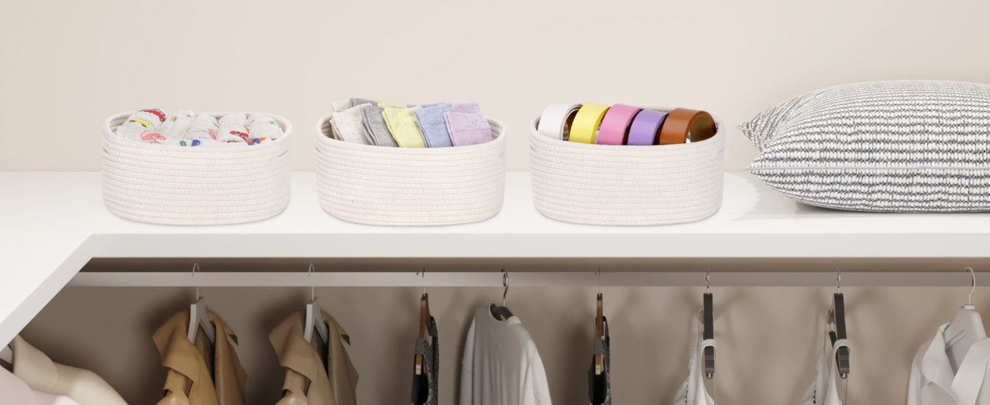 Woven Storage Baskets 6-Pack Cotton Rope Cube Bins 11x7x5" | Handmade Small Shelf Baskets for Organizing Closet Bedroom Living Room Playroom | Round Decorative Storage Caddy Multiple Colors