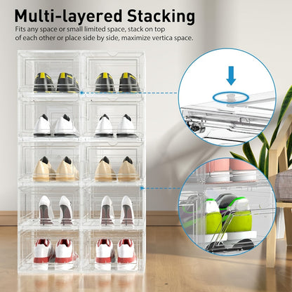 Clear Stackable Shoe Storage Boxes 6/12 Pack XX Large Hard Plastic Organizer for Size 12 Sneakers Closet White