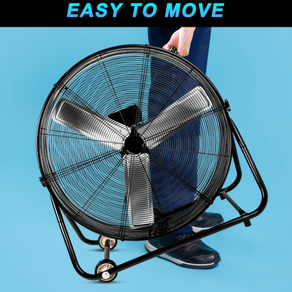 Industrial Floor Fan 24 Inch 9000 CFM Heavy Duty Drum Fan 3-Speed 360 Degree Tilt with Casters and Handle for Warehouse Garage Patio Workshop Gym Large Area Cooling