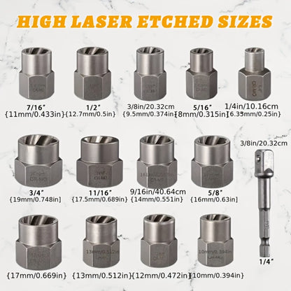 Nut Extractor Kit 14pcs, Damaged Bolt & Nut Remover Set with 13 Stripped Nut Extractors & 1 Hex Socket Adapter, 1/4" to 3/8" Drive Lug Nut Removal Tool for Construction, Auto & Home Repair