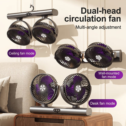 Double Head Air Circulation Fan USB Rechargeable | Desktop & Wall-Mounted 3-Speed Dual-Head Fan with Atmosphere Night Light, Multi-Angle Airflow for Camping, Home & Office – Grey & White