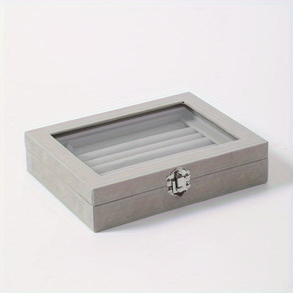 Jewelry Box with Locking Lid – 49-Ring Capacity Glass-Like Plastic Ring & Earring Organizer, Large Rectangular Storage Case, Waterproof Anti-Tarnish, 4 Colors, Holiday Gift