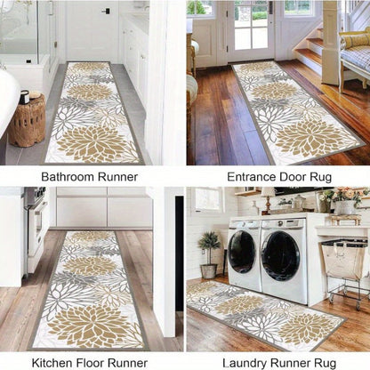 Floral Medallion Runner Rug Non-Slip Machine Washable – Low-Profile Hallway Carpet for Entryway, Laundry Room & Bathroom – Brown & Grey, 2x6, 2x8, 2x10 Ft