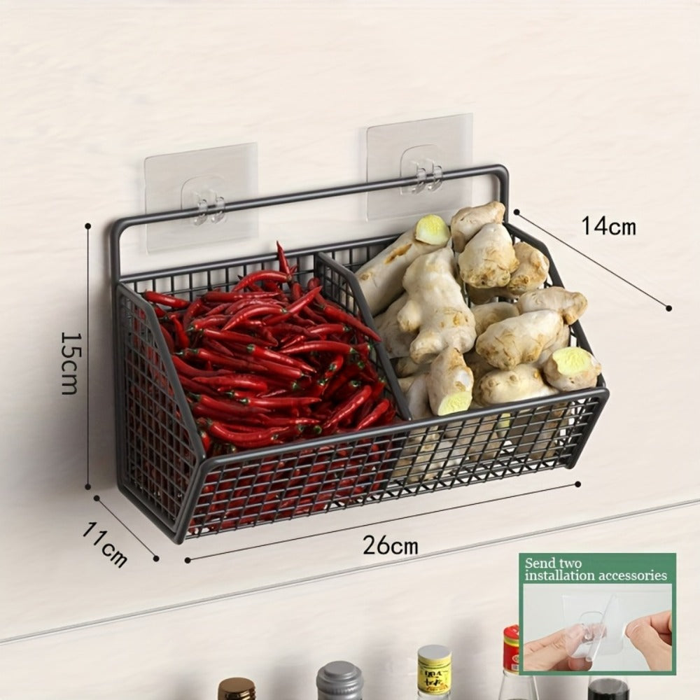 Wall Mounted Kitchen Storage Basket – Metal Wire Rack Organizer, 2 or 3 Grid Tier, Space Saving Vertical Pantry Shelf for Spices, Snacks & Beverages, Home Kitchen & Retail Store Display