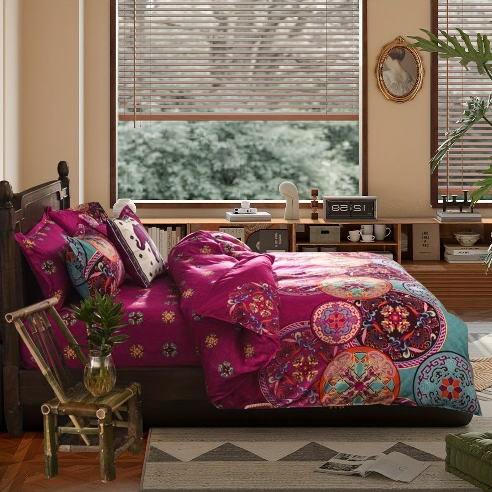 Bohemian Floral Quilt Comforter Set – Soft Microfiber Lightweight Bedding for All Seasons, Twin Queen King – Rose Red, Scarlet & Dark Pink