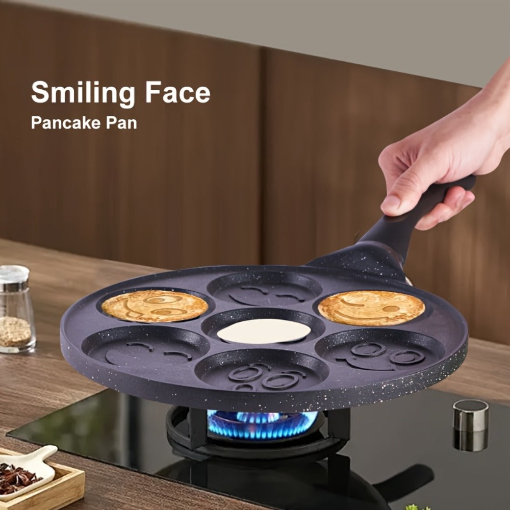 7-Hole Non-Stick Pancake Pan Smiley Face – Aluminum Alloy Breakfast Maker with Detachable Handle for Gas Stove | Oven & Dishwasher Safe Crepe Waffle Egg Mold Cooking Pan Even Heat Distribution Black