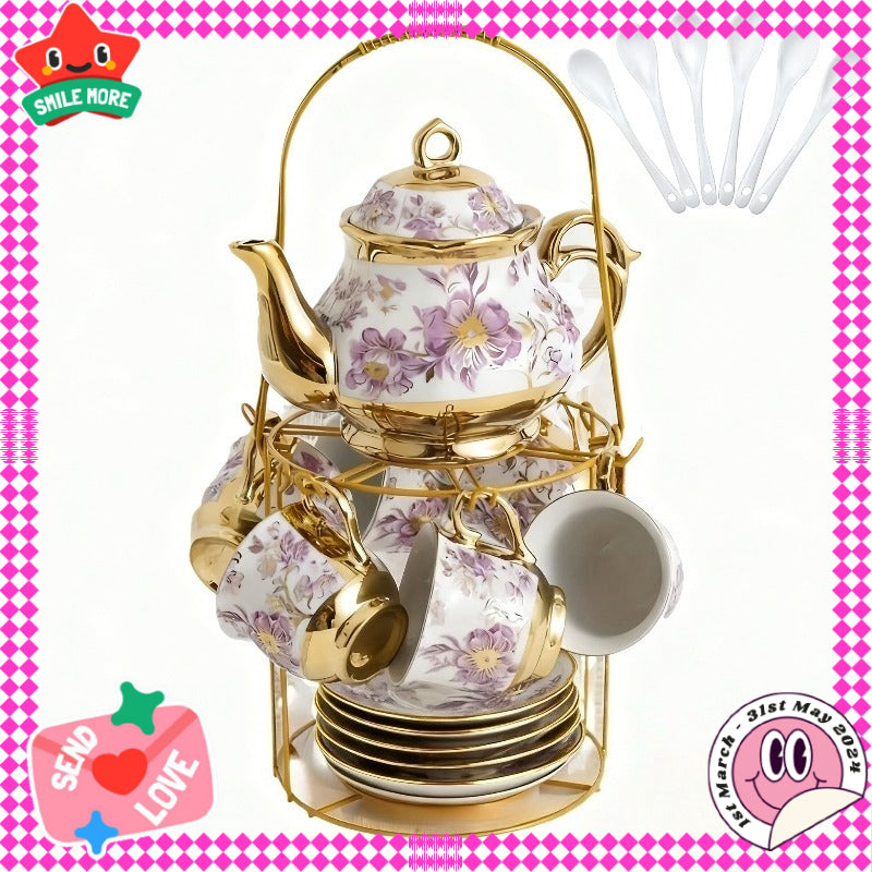 20-Piece Floral Ceramic Tea Set with Saucers & Metal Stand | European Afternoon Tea Service, Blooming Design, Complete Tea Accessories, Gift for Tea Lovers