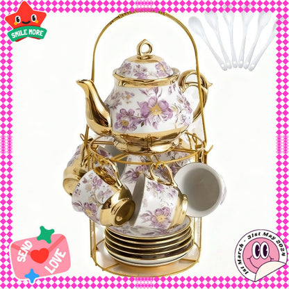 20-Piece Floral Ceramic Tea Set with Saucers & Metal Stand | European Afternoon Tea Service, Blooming Design, Complete Tea Accessories, Gift for Tea Lovers