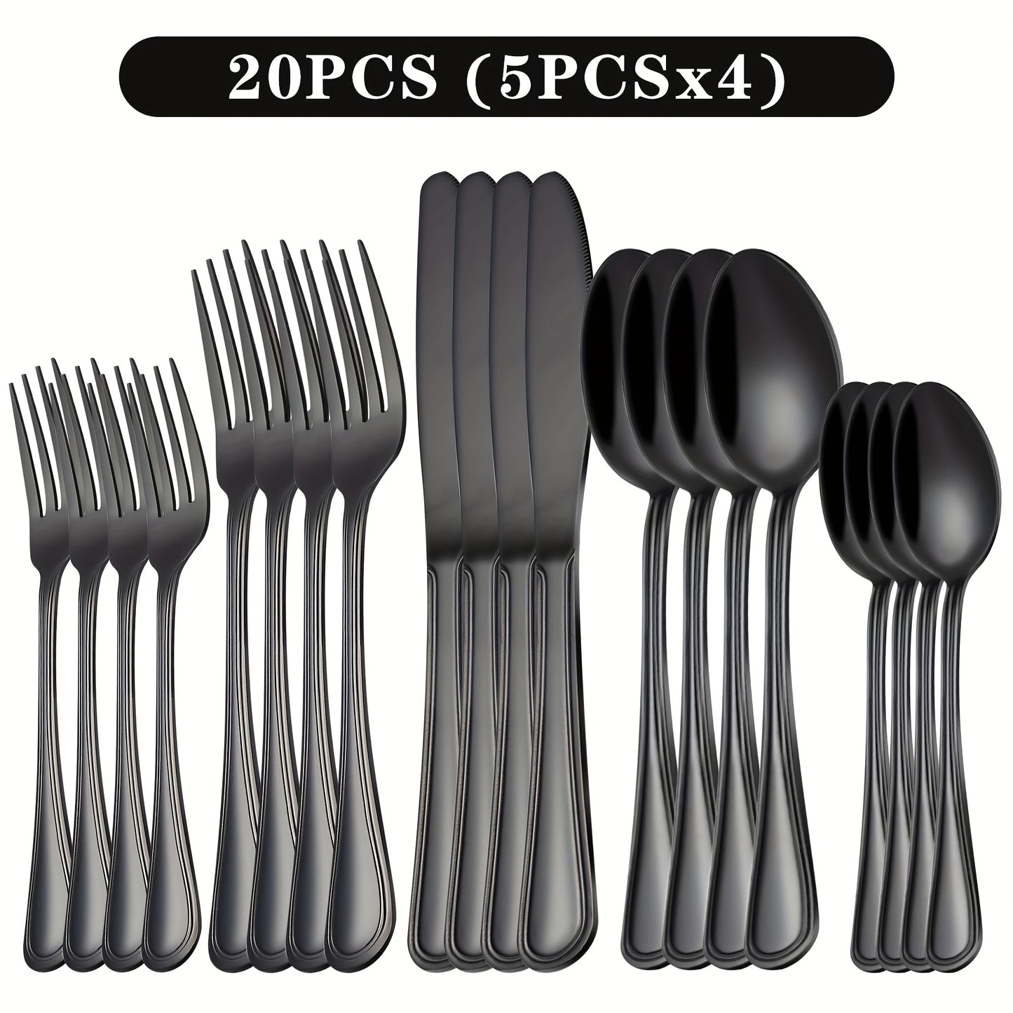 Stainless Steel Flatware Cutlery Set – Mirror Polished, Dishwasher Safe, Silver & Black Options, Service for 4 / 8 / 12 – Kitchen Utensil Set for Home, Restaurant & Wedding Gift