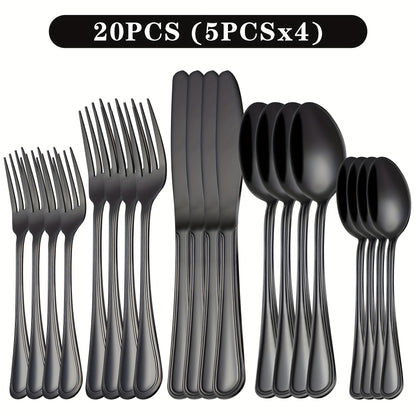Stainless Steel Flatware Cutlery Set – Mirror Polished, Dishwasher Safe, Silver & Black Options, Service for 4 / 8 / 12 – Kitchen Utensil Set for Home, Restaurant & Wedding Gift