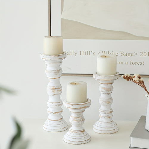 Wood Pillar Candle Holder Set of 3 - Farmhouse Rustic Wooden Candlestick Holders for Pillar Candles, Tiered Tray Decor, Table Centerpiece, Mantel Shelf Home Decor, White Black Brown