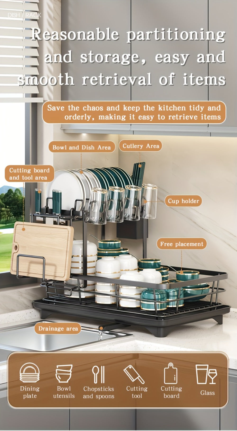 2-Tier Metal Dish Drying Rack with Cutlery Holder Cup Holder & Rust-Proof Drip Tray – Space Saving Countertop Kitchen Organizer