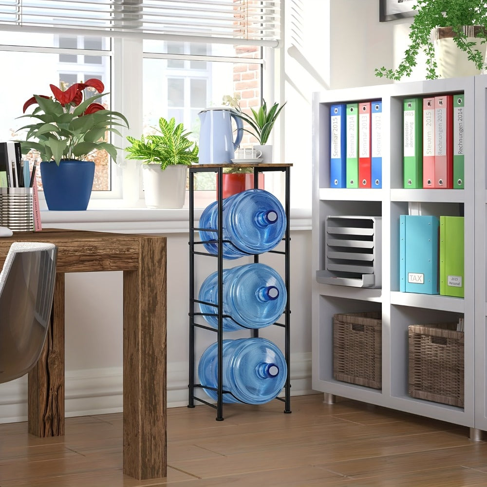 5-Gallon Water Jug Holder 3-Tier – Heavy Duty Water Bottle Rack Organizer with Top Shelf & Adjustable Legs for Kitchen, Living Room & Office – Particleboard & Steel Frame, White, Brown & Black