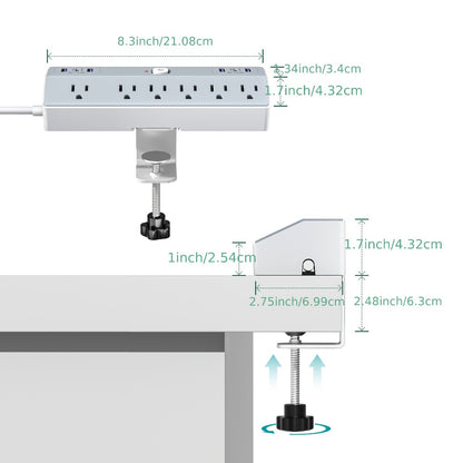 Desk Clamp Power Strip 12-in-1 Surge Protector with 6 Outlets 4 USB-A 2 USB-C PD 20W 40W Fast Charging Desktop Mount Flat Plug for Home Office Tabletop