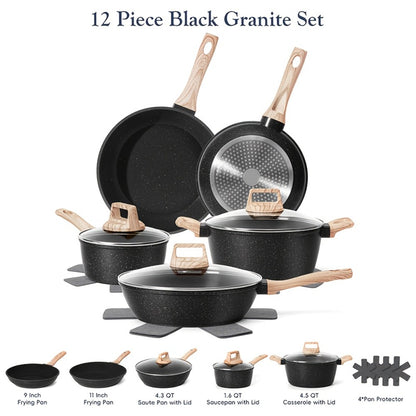 Cookware Set 12 Piece Pots and Pans Set Non-Stick Granite Coating with Frying Pans Casserole Saucepan Glass Lids Pan Protectors Compatible with All Stovetops Including Induction