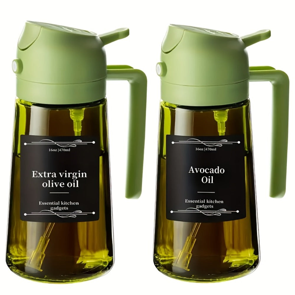 Olive Oil Dispenser Bottle 2-in-1 Glass Oil Sprayer & Dispenser 16oz Kitchen Cooking Oil Bottle with Labels for BBQ, Salad, Air Fryer & Grilling – 2 Pack