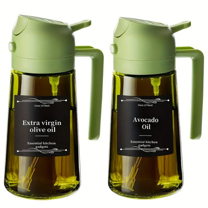 Olive Oil Dispenser Bottle 2-in-1 Glass Oil Sprayer & Dispenser 16oz Kitchen Cooking Oil Bottle with Labels for BBQ, Salad, Air Fryer & Grilling – 2 Pack