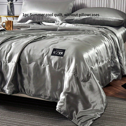 Cooling Satin Quilt Summer Comforter Ultra-Soft Breathable Lightweight Blanket, Machine Washable Satin Weave Bedspread for Home Dorm Hotel, Twin Full Size, White Silvery Grey Pink Lake Blue
