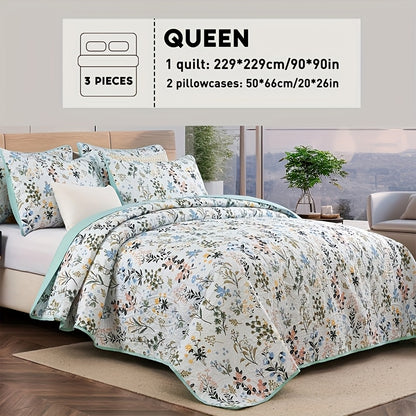 Reversible Floral Comforter Quilt Set – Soft Microfiber Botanical Bedding, Twin Full Queen King, All Seasons – White, Blue, Pink & More