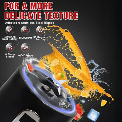Portable Smoothie Blender USB-C Fast Charge 6-Blade Stainless Steel – Digital Timer Battery Display High-Speed Ice Crush No-Spill Lid | Protein Shake Gym Travel Blender in Black Pink White