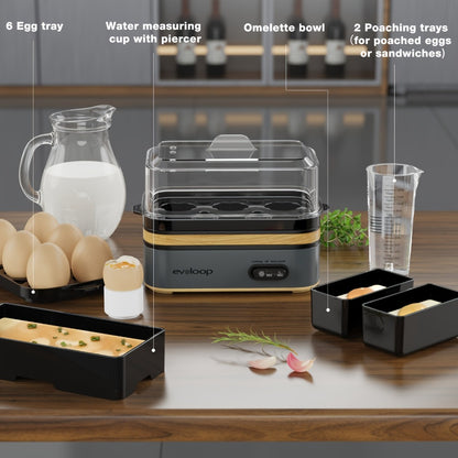 Electric Egg Cooker 6 Egg Capacity Rapid BPA Free Stainless Steel 400W for Hard Boiled Poached Scrambled Eggs Omelets Auto Shut Off Kitchen Appliance Green Wood Silver