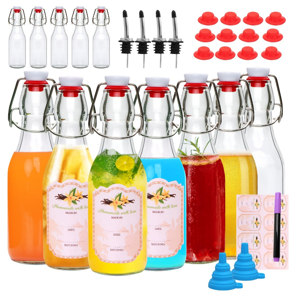 Glass Swing Top Bottles 8.45oz – Round Iron Clasp Airtight Bottle Set with Funnel for Juice, Kombucha, Syrup & Oil Storage, Reusable Flip Cap Glass Bottles (6, 9, 12 or 18 Pack)