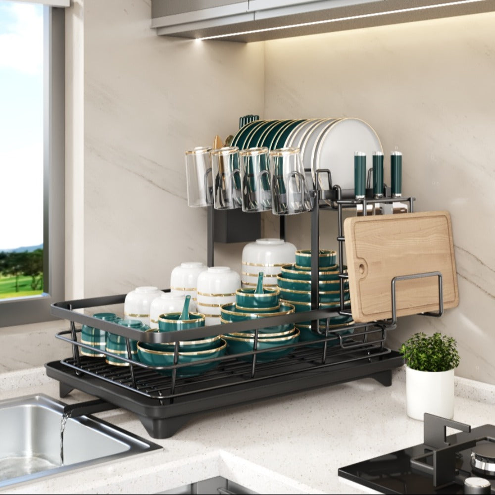 2-Tier Metal Dish Drying Rack with Cutlery Holder Cup Holder & Rust-Proof Drip Tray – Space Saving Countertop Kitchen Organizer