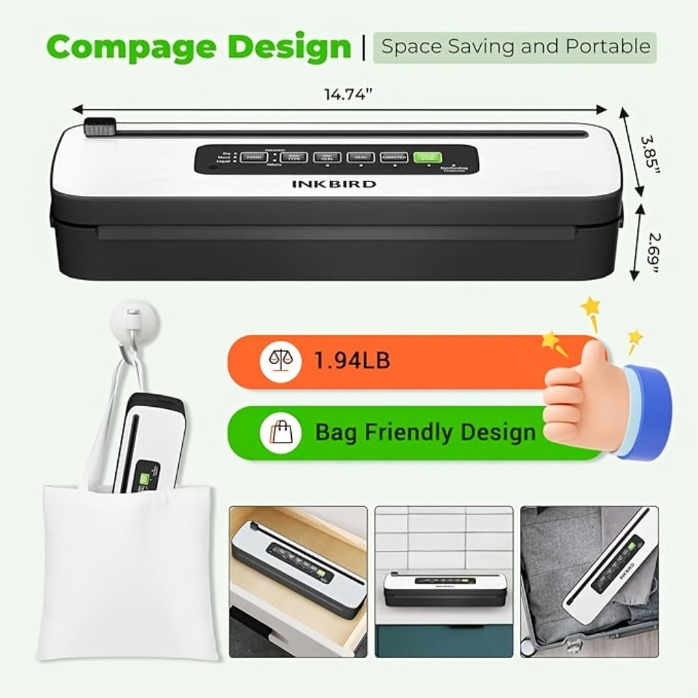 Vacuum Sealer Machine 85KPA – INKBIRD 10-in-1 Food Sealer with Bag Storage, Built-In Cutter, Moist/Dry/Pulse/Liquid/Canister Modes, 200 Continuous Seals, Compact Design for Food Preservation & Sous Vide