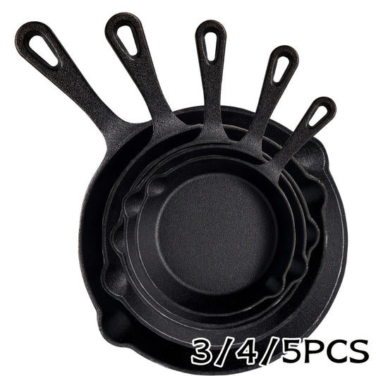 Cast Iron Skillet Set Uncoated Frying Pan with Drip Spout Heavy Duty Pre-Seasoned Cookware for Frying Stir-Frying Baking Stovetop Oven Safe 3 4 5 Piece