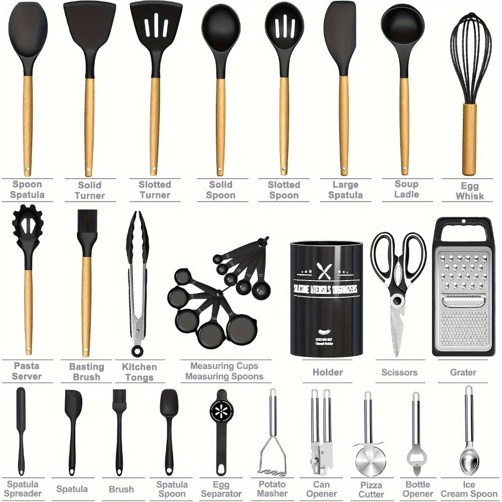 Silicone Kitchen Utensils Set 34-Piece with Holder – Heat Resistant Cooking Spatula Tools for Nonstick Cookware | Wooden Handle Kitchen Gadgets | Father's Day & Housewarming Gift