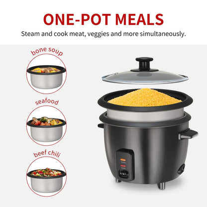 Rice Cooker 6-Cup Non-Stick with Yogurt Maker Function - 3-Cup Uncooked Grain Cooker with Removable Non-Stick Pot Auto Keep Warm One-Touch Operation, Compact Electric Rice Cooker for Home Dorm Office Black